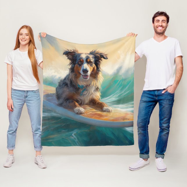 Couverture Polaire Peinture de Surf sur Plage de Berger Australien (En situation)