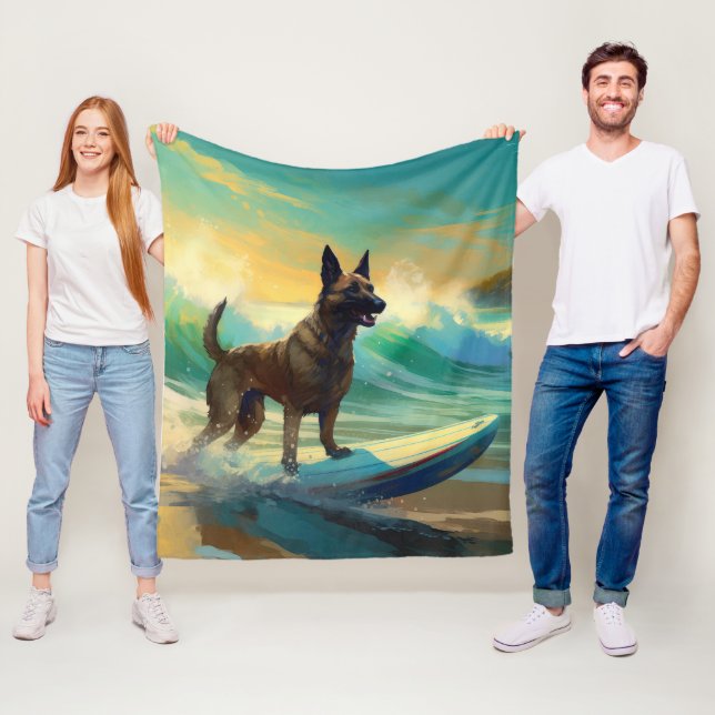 Couverture Polaire Peinture de Surf sur Plage Malinois Belge (En situation)