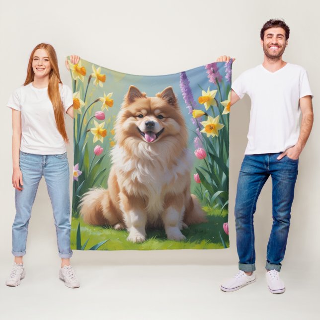 Couverture Polaire Peinture des fleurs de printemps de chien Keeshond (En situation)