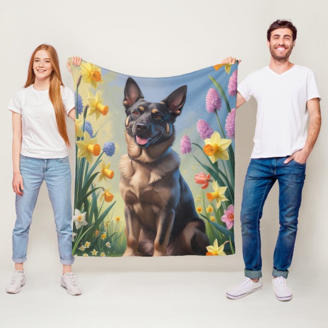 Couverture Polaire Peinture des fleurs de printemps du Malinois (En situation)