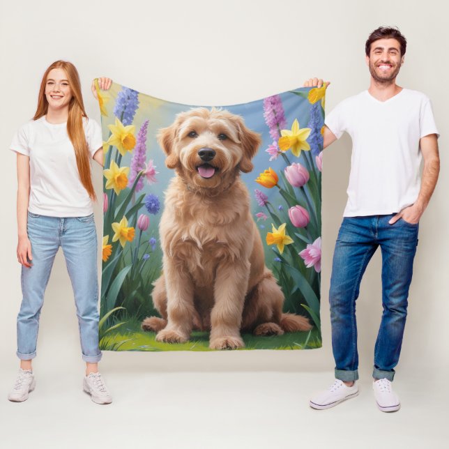 Couverture Polaire Peinture Goldendoodle Chien Fleurs de printemps (En situation)