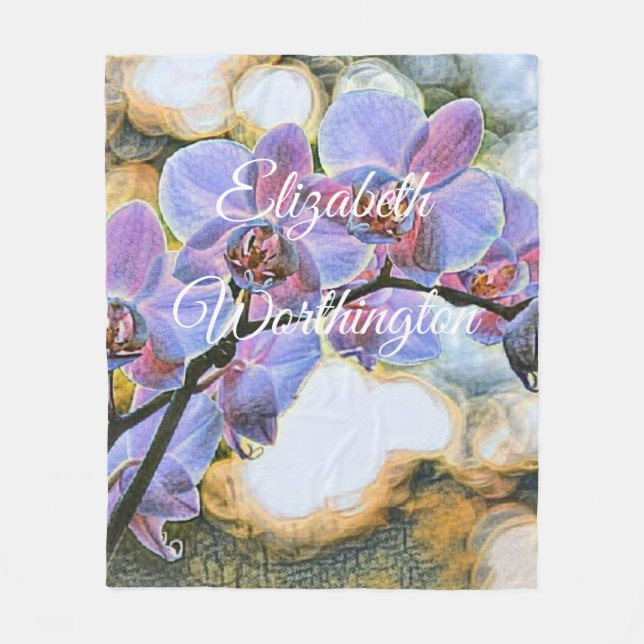 Couverture Polaire Peinture Moderne Fleurs d'Orchidées Violettes Bleu (Devant)