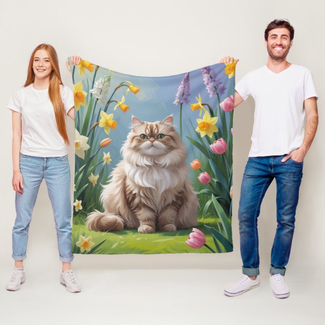 Couverture Polaire Peinture Perse Fleurs de Printemps Chat (En situation)