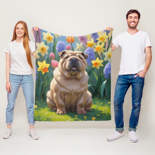 Couverture Polaire Peinture Shar Pei Chien Fleurs de Printemps Pei (En situation)