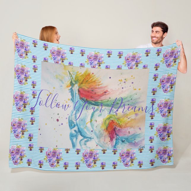 Couverture Polaire Peinture Unicorne Dreams Blue Floral Fleece Blanke (En situation)