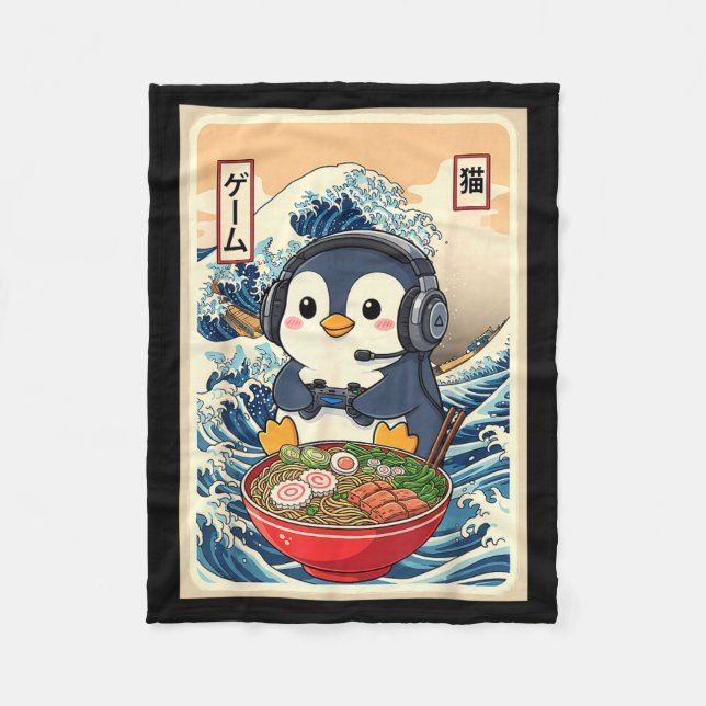 Couverture Polaire Penguin Kawaii Japanese Ramen Noodle Retro Gaming  (Devant)