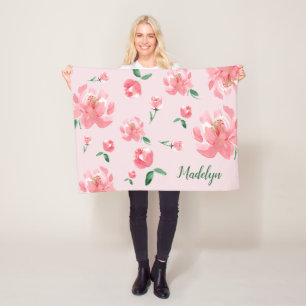 Couverture Polaire Peonies d'aquarelle rose Vert Script Nom personnal
