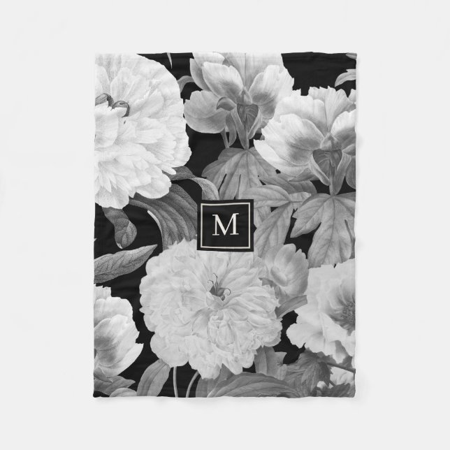 Couverture Polaire Peonies noires et blanches Aquarelle Monogramme fl (Devant)
