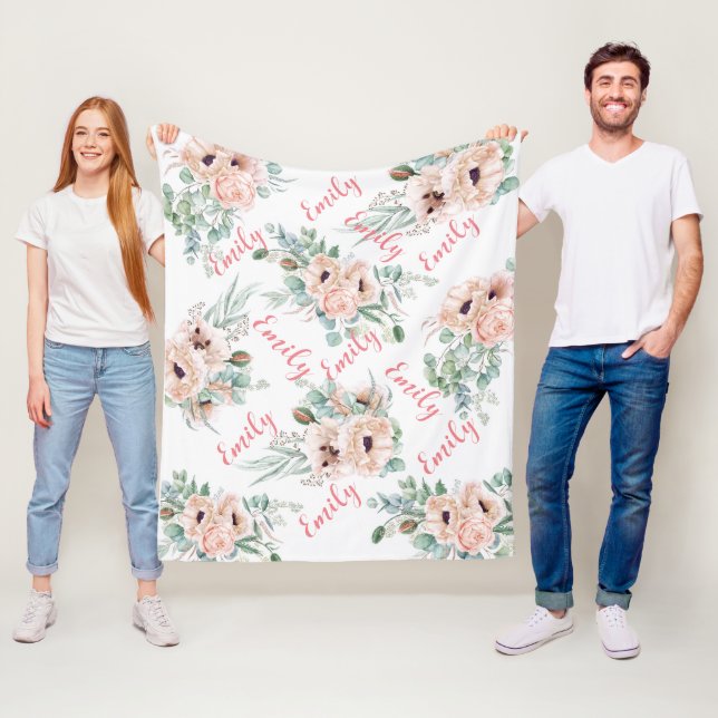 Couverture Polaire Peonies roses personnalisées Blanche polaire (En situation)