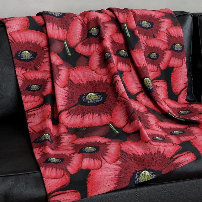 Couverture Polaire Pépites florales en polaire noire et rouge (Pop a poppy blanket on your sofa and snuggle up)