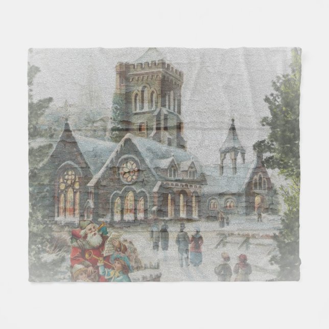 Couverture Polaire Père Noël ancienne avec enfants devant une église (Devant (Horizontal))