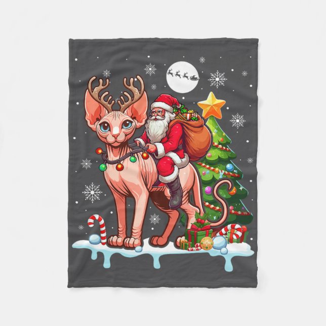 Couverture Polaire Père Noël équitation renne Sphynx Chat Xmas arbre  (Devant)