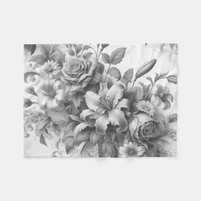 Couverture Polaire Perfection florale noire et blanche (Devant (Horizontal))