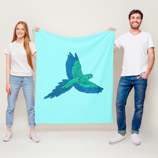 Couverture Polaire Perroquet en vol, Aqua et Bleu Cobalt (En situation)