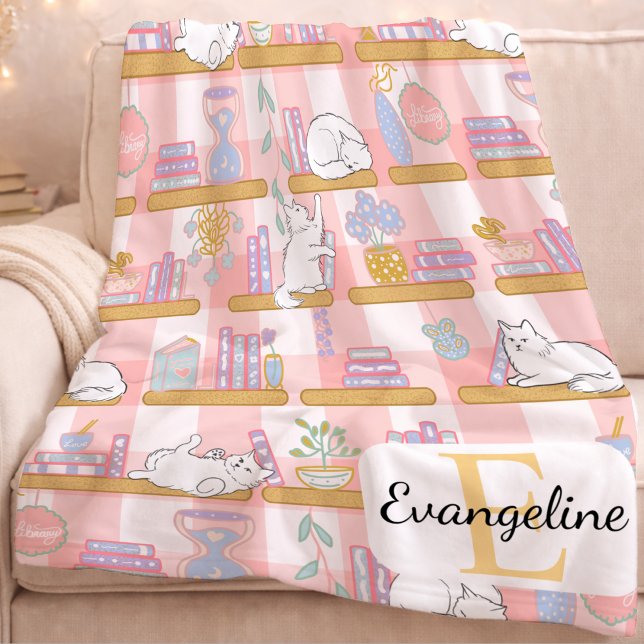 Couverture Polaire Personalized Bookish Cat Gift Pink Pastel Name (Créateur téléchargé)
