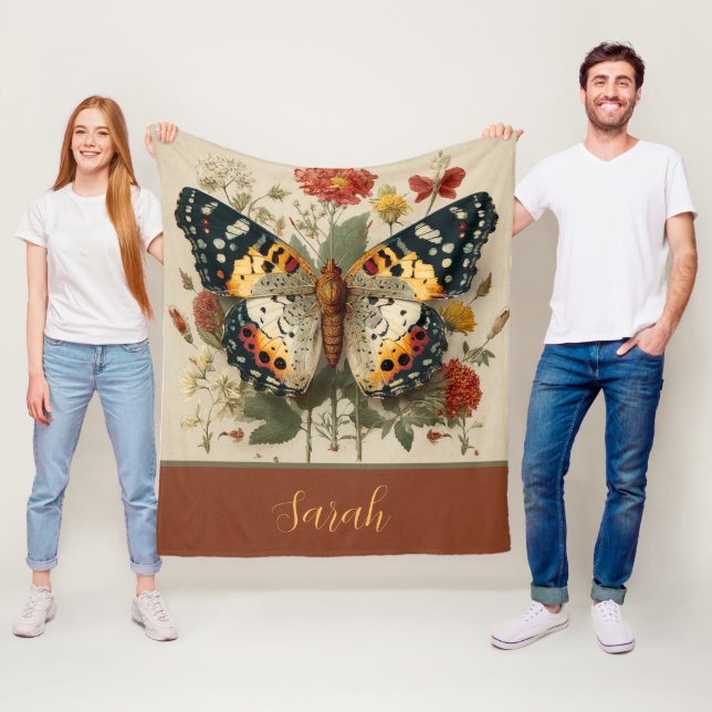 Couverture Polaire Personalized Fleece Blanket Butterfly Floral Tan (En situation)