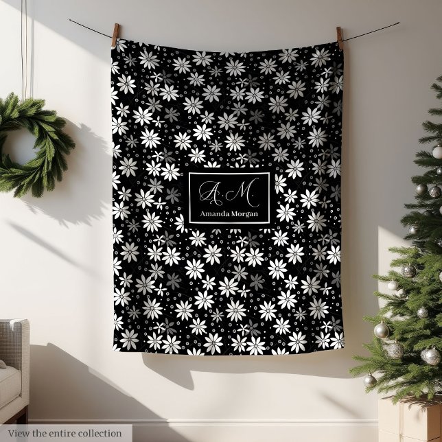 Couverture Polaire Personalized Floral Blanket Black White Decorative (Personalized Floral Blanket Black White Decorative)