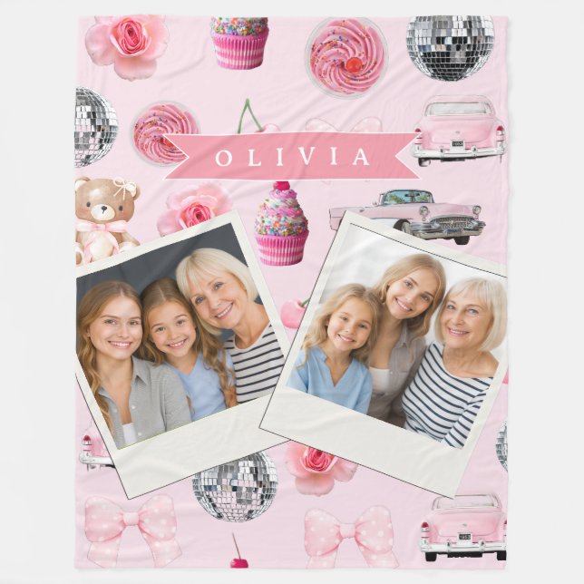 Couverture Polaire Personalized Pink Coquette Retro Cute Teddy Bear  (Devant)