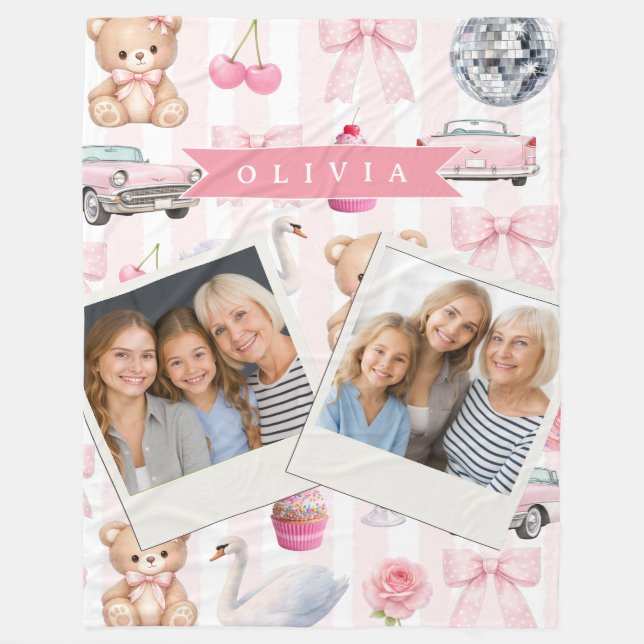 Couverture Polaire Personalized Pink Coquette Retro Cute Teddy Bear  (Devant)