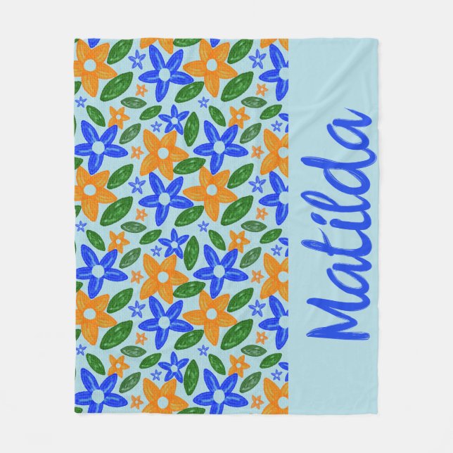 Couverture Polaire Personalized Retro Blue & Orange Floral  (Devant)