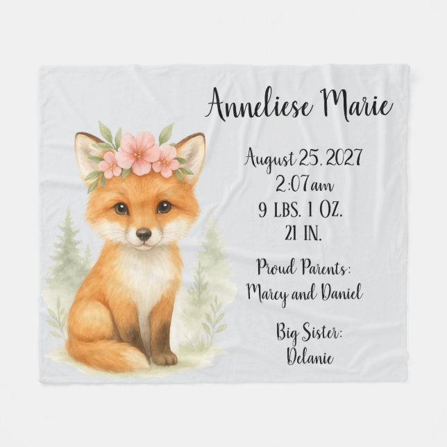Couverture Polaire Personnalisé Baby Fox Birth Stats Girls' Nursery (Devant (Horizontal))