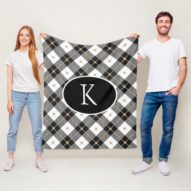 Couverture Polaire Personnalisé Monogramme Noir Blanc Or Plaid Fl (En situation)