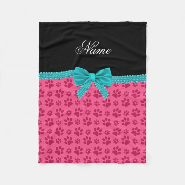 Couverture Polaire Personnalisé nom rose pattes chien turquoise bow (Devant)