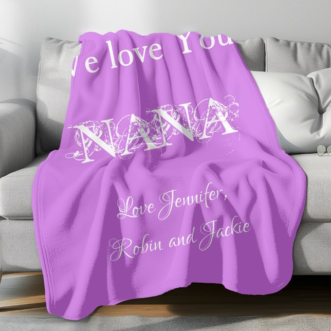 Couverture Polaire Personnalisé "We Love You Nana" Mauve (Personalized "We Love You Nana" Mauve Fleece Blanket.)