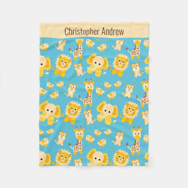 Couverture Polaire Personnaliser Blue Jaune Jungle Safari Animaux Bab (Devant)