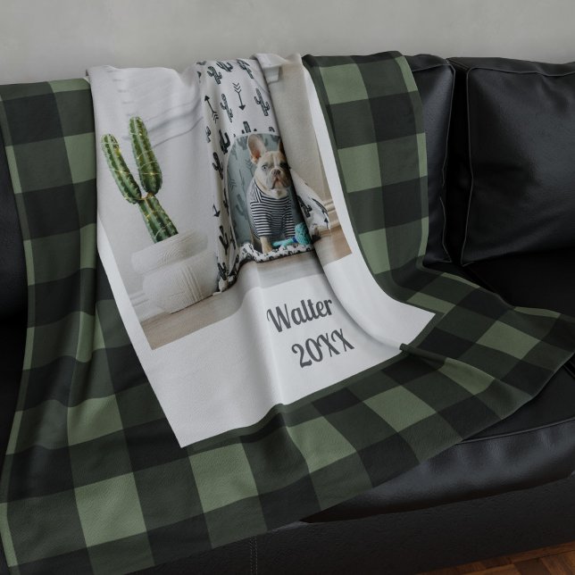 Couverture Polaire Pet Photo Green Black Buffalo Check Fleece Blanche (A buffalo check green blanket with space for your photo)