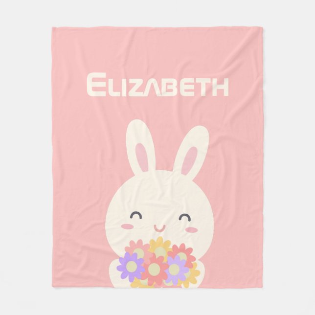 Couverture Polaire Petit Lapin Doux & Fleurs Nom Personnalisé Rose (Devant)
