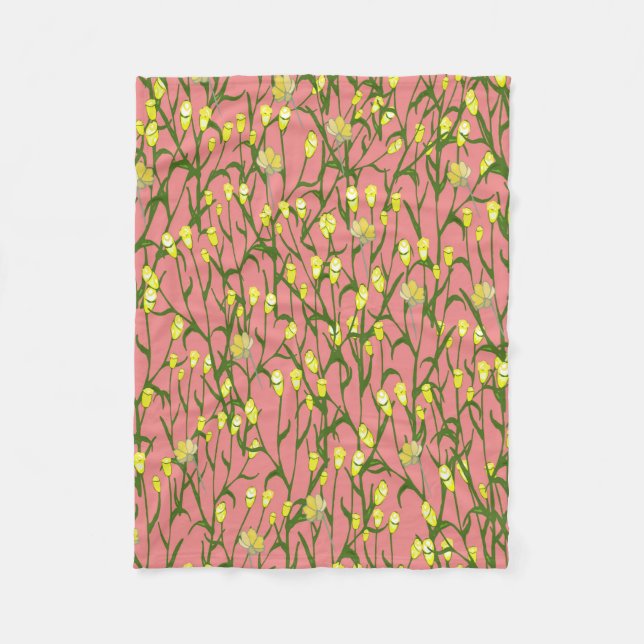 Couverture Polaire Petites fleurs et branches jaunes sur fond rose (Devant)
