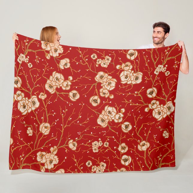 Couverture Polaire Petites fleurs sur motif rouge (En situation)