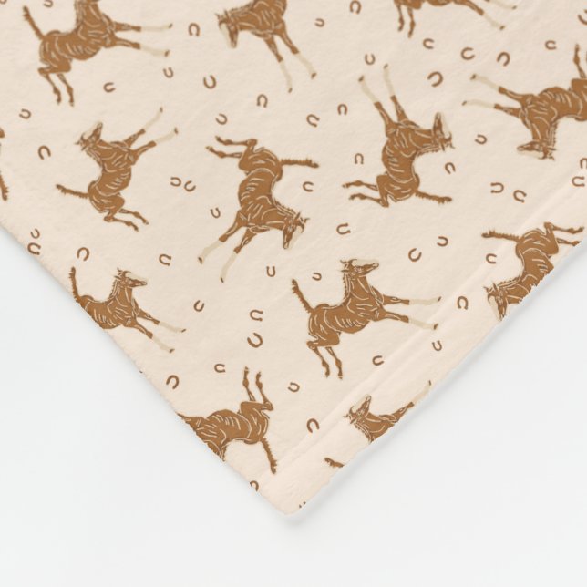Couverture Polaire Petits Chevaux Brown - sur rose saumon. (Coin)