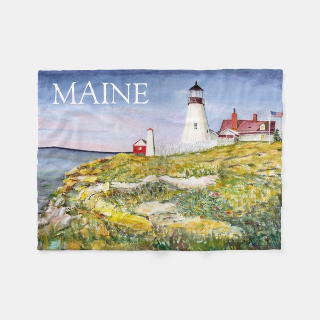 Couverture Polaire Phare de Portland Head Maine Aquarelle Peinture (Devant (Horizontal))