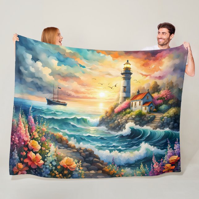 Couverture Polaire Phare Jardin floral sur la mer (En situation)
