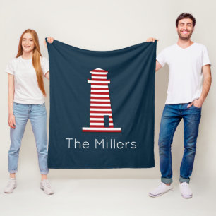 Couverture Polaire Phare rayé Nautique Rouge Blanc Bleu NOM
