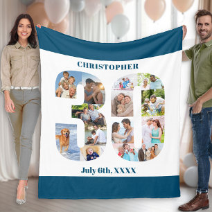Couverture Polaire Photo Collage 30e Anniversaire Bleu Blancs Photo