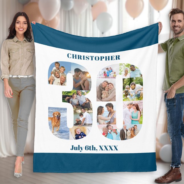 Couverture Polaire Photo Collage 30e Anniversaire Bleu Blancs Photo (Créateur téléchargé)