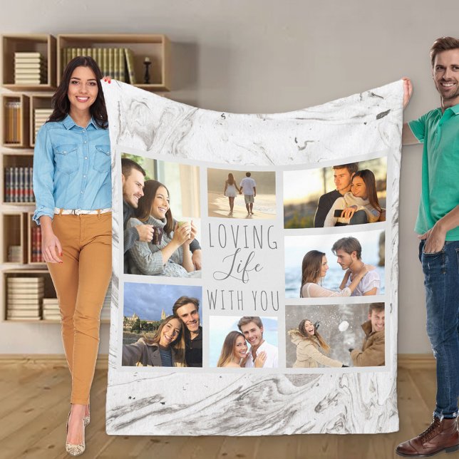 Couverture Polaire Photo Collage Love Life with You Grey Marble (Créateur téléchargé)