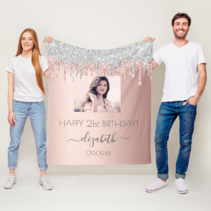 Couverture Polaire Photo d'anniversaire rose or parties scintillant a