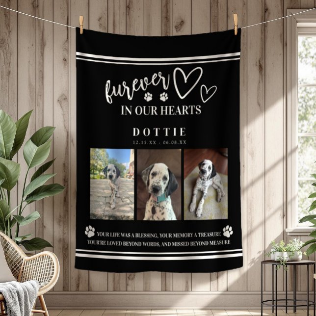 Couverture Polaire Photo Memorial Dog Furever Dans Nos Coeurs (Photo Memorial Dog Furever In Our Hearts Black and White Fleece Blanket)