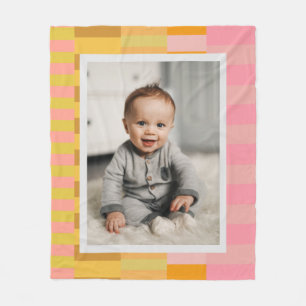 Couverture Polaire Photo personnalisée avec bordure rayée jaune rose