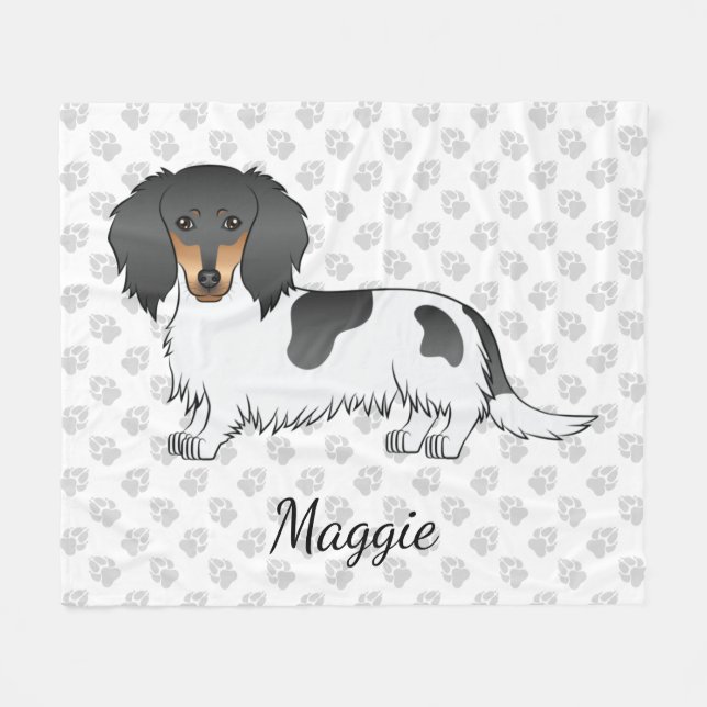 Couverture Polaire Piebald Noir Et Tan Cheveux Long Dachshund & Nom (Devant (Horizontal))
