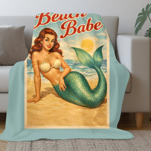Couverture Polaire Pin-Up Sirène Art de plage Rétro Bleu Sarcelle C