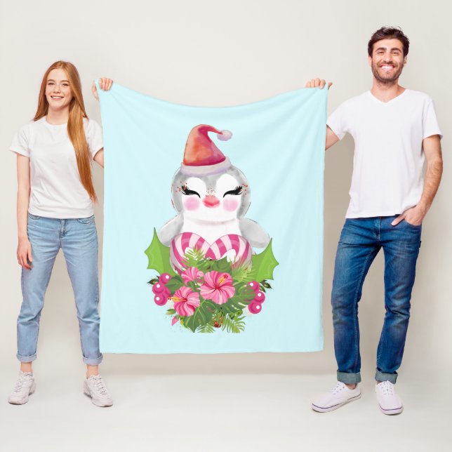 Couverture Polaire Pingouin de Noël mignon à Santa Hat (En situation)