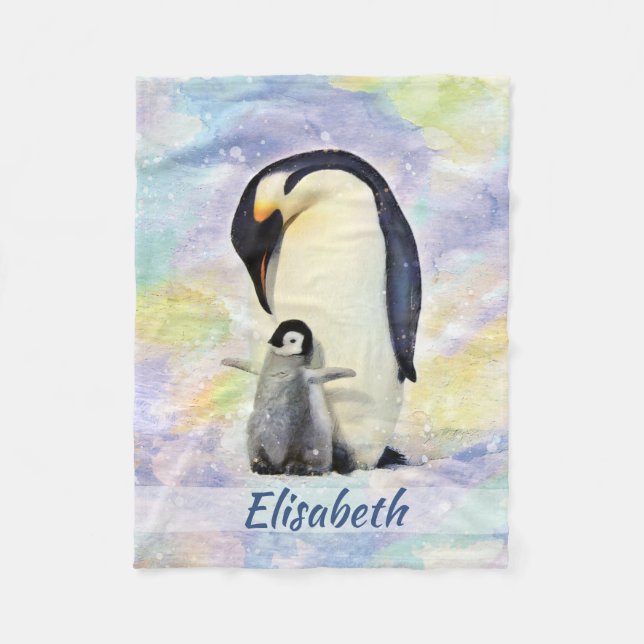 Couverture Polaire Pingouin d'empereur avec l'aquarelle de poussin de (Devant)