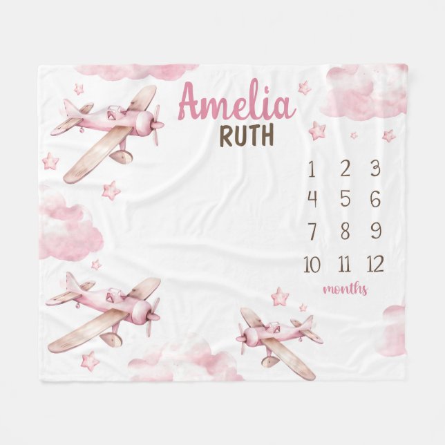 Couverture Polaire PINK AIRPLANE MILESTONE Couverture, Bébé personnal (Devant (Horizontal))