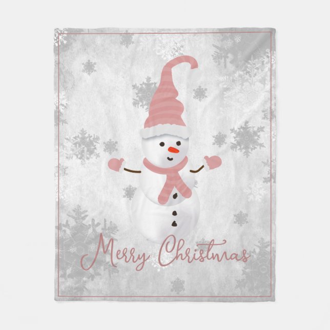 Couverture Polaire Pink Cute Snowman Holiday Fleece Blanche (Devant)
