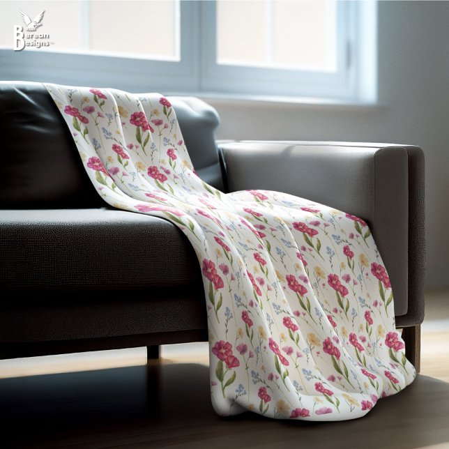 Couverture Polaire Pink Floral Watercolor Wildflower (Pretty pink floral watercolor wildflower fleece blanket. Matching home decor available.)
